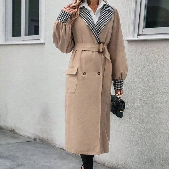 Tan Preppy Womens Gingham Panel Double Breasted Belted Trench Coat - Picture 1 of 5